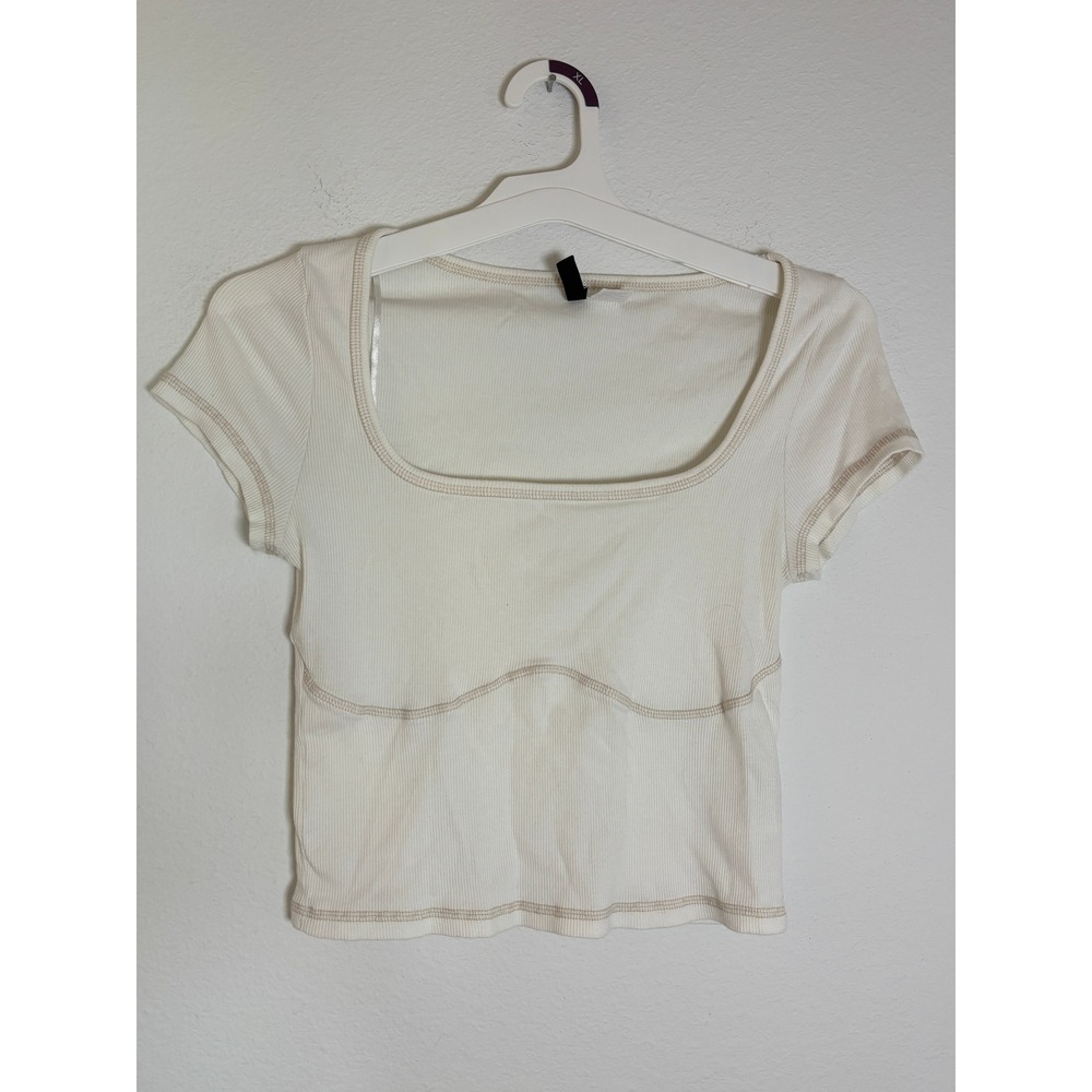 HM Divided Ribbed Square Neck Crop Top Cream Contrast Stitch Large